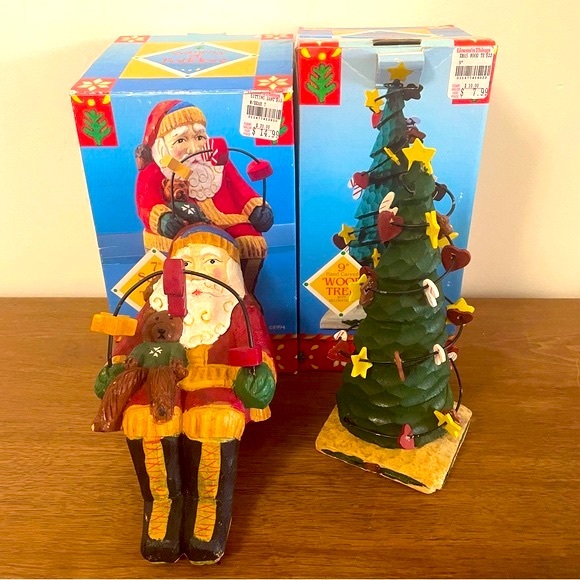 Figments of Folklore Hand Carved Wood Santa & Teddy 7”+ Christmas Tree 9” - Picture 2 of 14